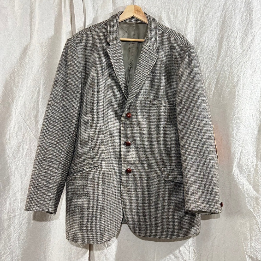 Vintage Harris Tweed Dunn & Co Wool Blazer Jacket Elbow Patches Brown Gray 44